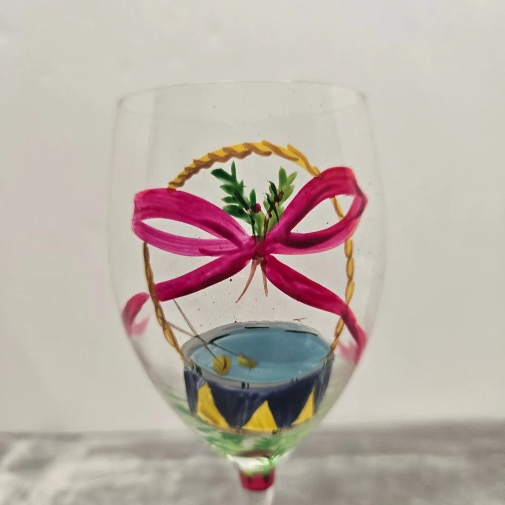 Hand Painted Christmas Wine Glass Holiday Drum Pink Bow Candy Cane Stem 9 inch